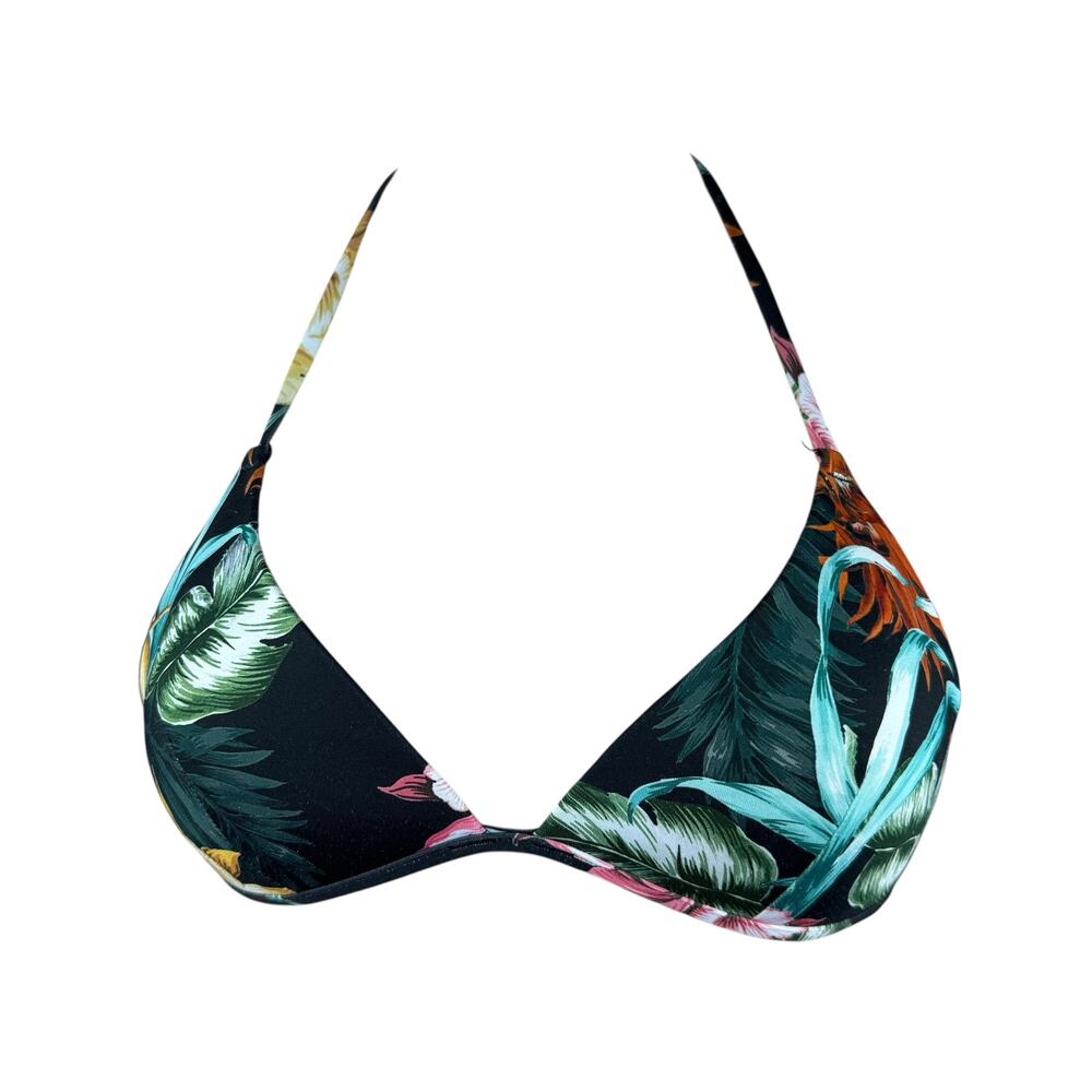 H&M Black Floral Spaghetti Strap Halter Neck Padded Triangle Bikini Top – Size 8